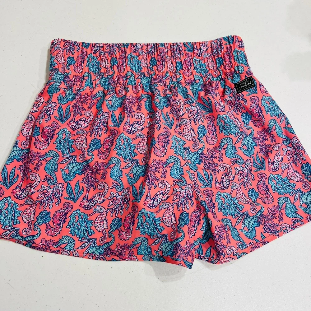 Simply Southern Shorts Pink Blue Coral Seahorses Pull On Elastic Waist Medium. - Picture 4 of 5